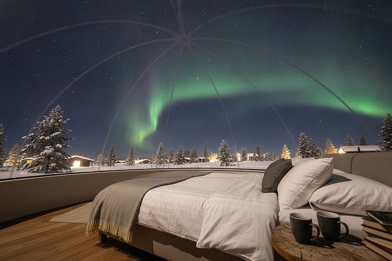 Looking up at the sky from a glass igloo bed