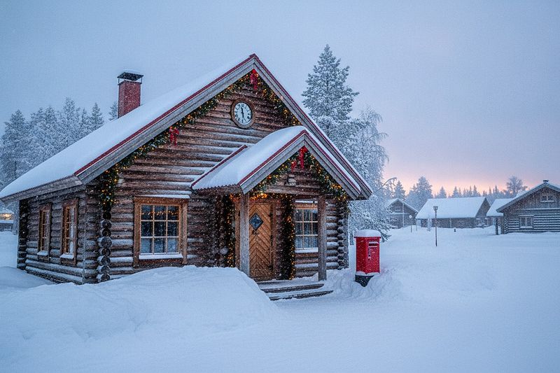 The post office building on the village square in winter