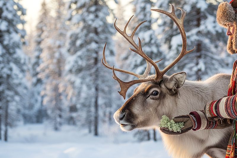 Feeding a reindeer at the village's reindeer yard